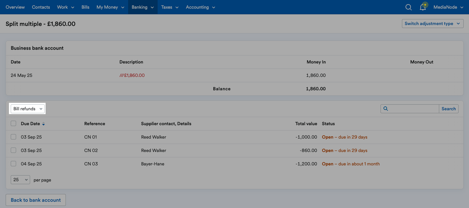 Bill refunds selected from the Type filter