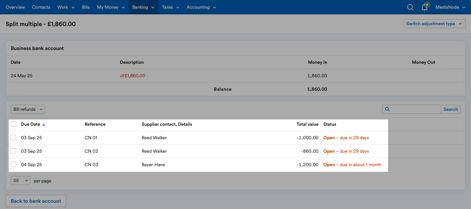 List of open or overdue bill credit notes