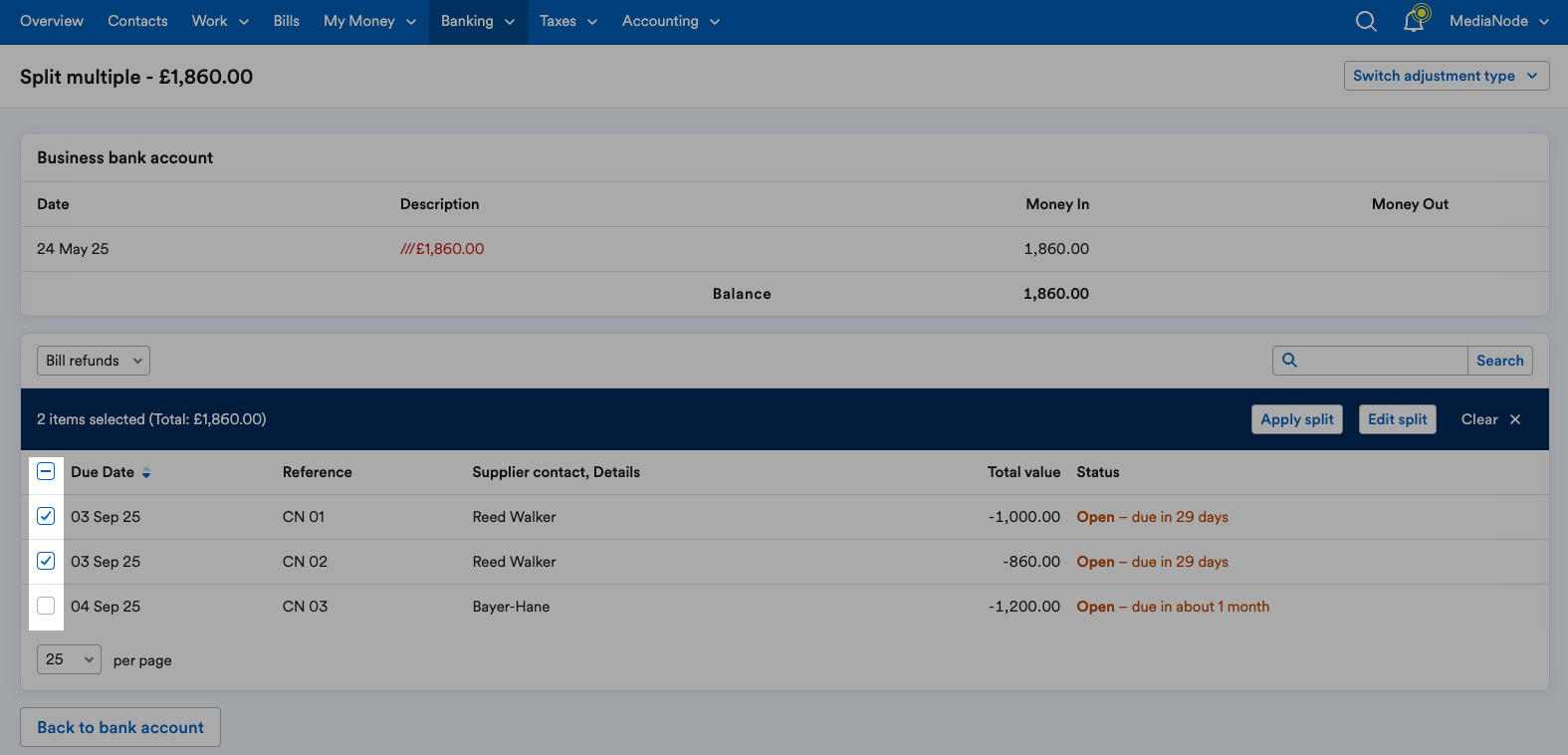 check box to the left of each bill credit note highlighted
