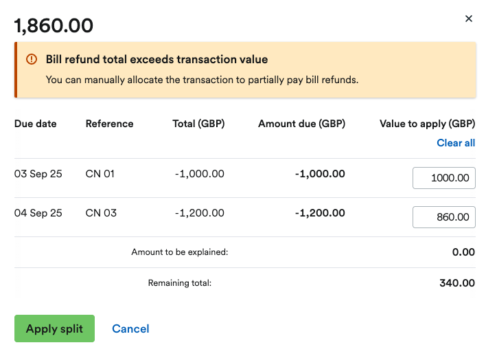 Warning that the value of unpaid bill credit notes is greater than the transaction total