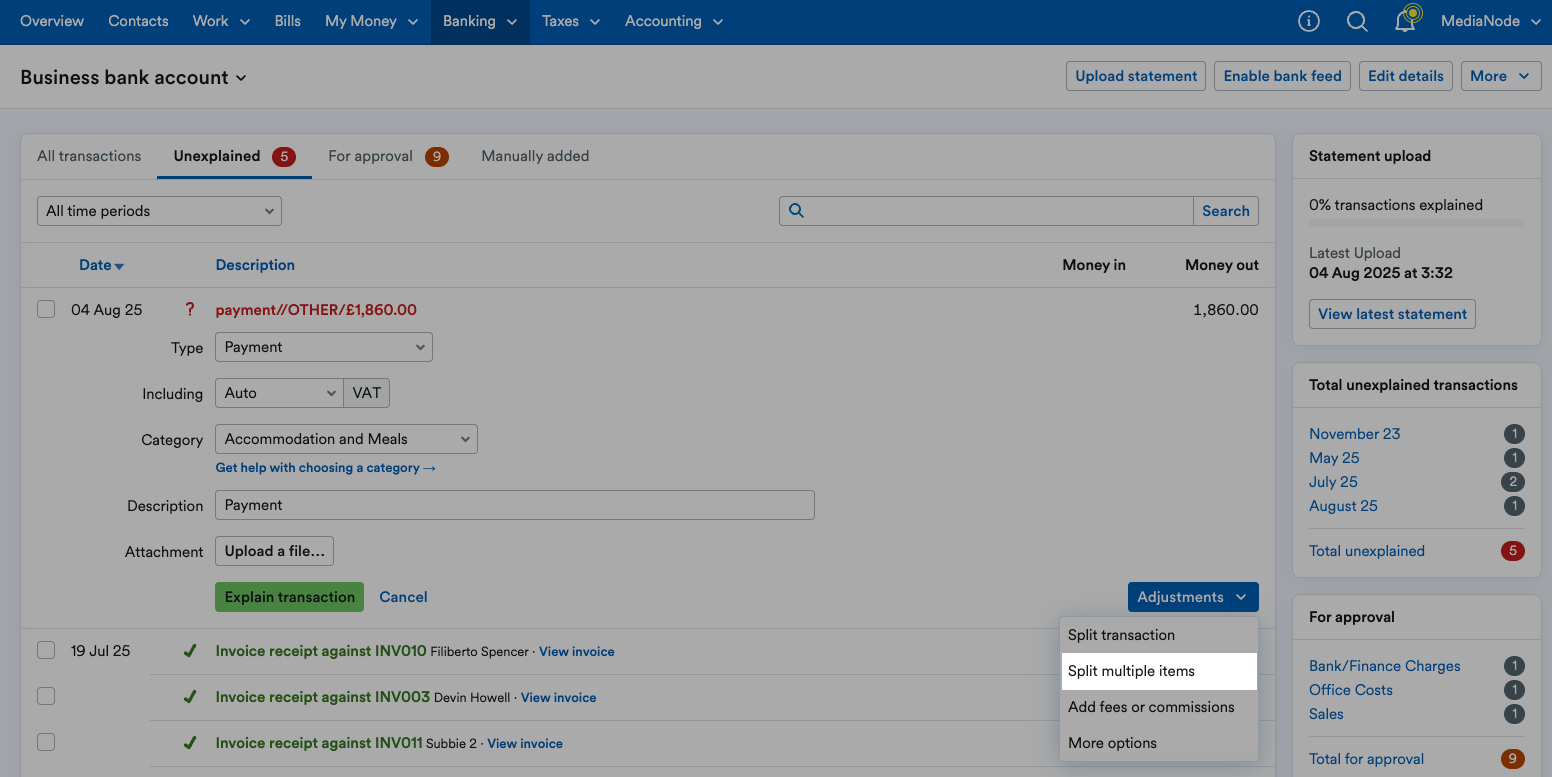 Split multiple items highlighted from the adjustments drop-down menu