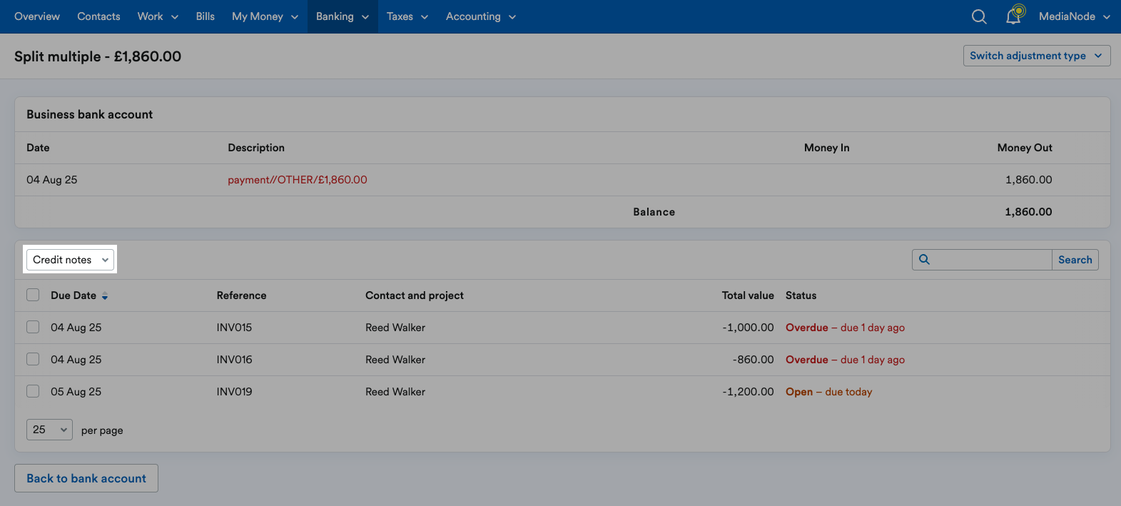 Credit notes selected from the Type filter