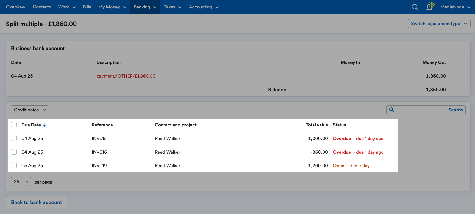List of open or overdue credit notes