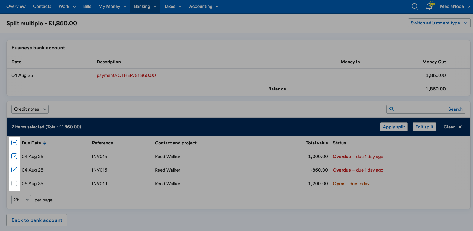 Checkbox to the left of credit notes ticked
