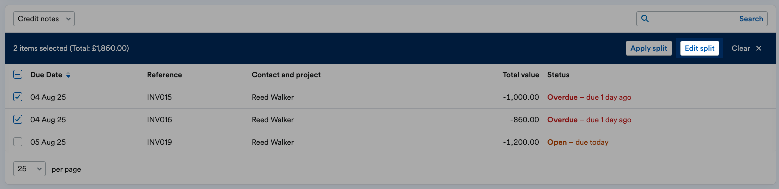 'Edit split' button highlighted in blue bar.