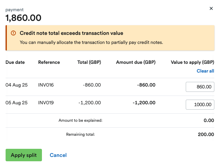Warning that the total value of the selected credit notes is higher than the transaction total