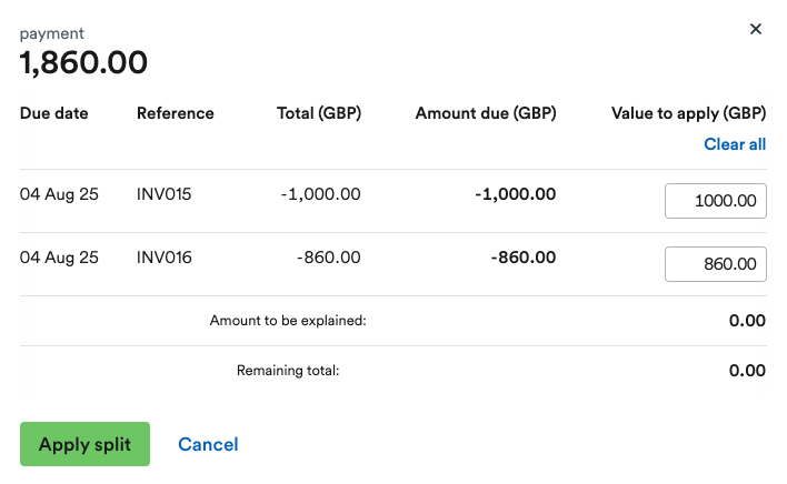 Options to adjust amount allocated to each selected credit note