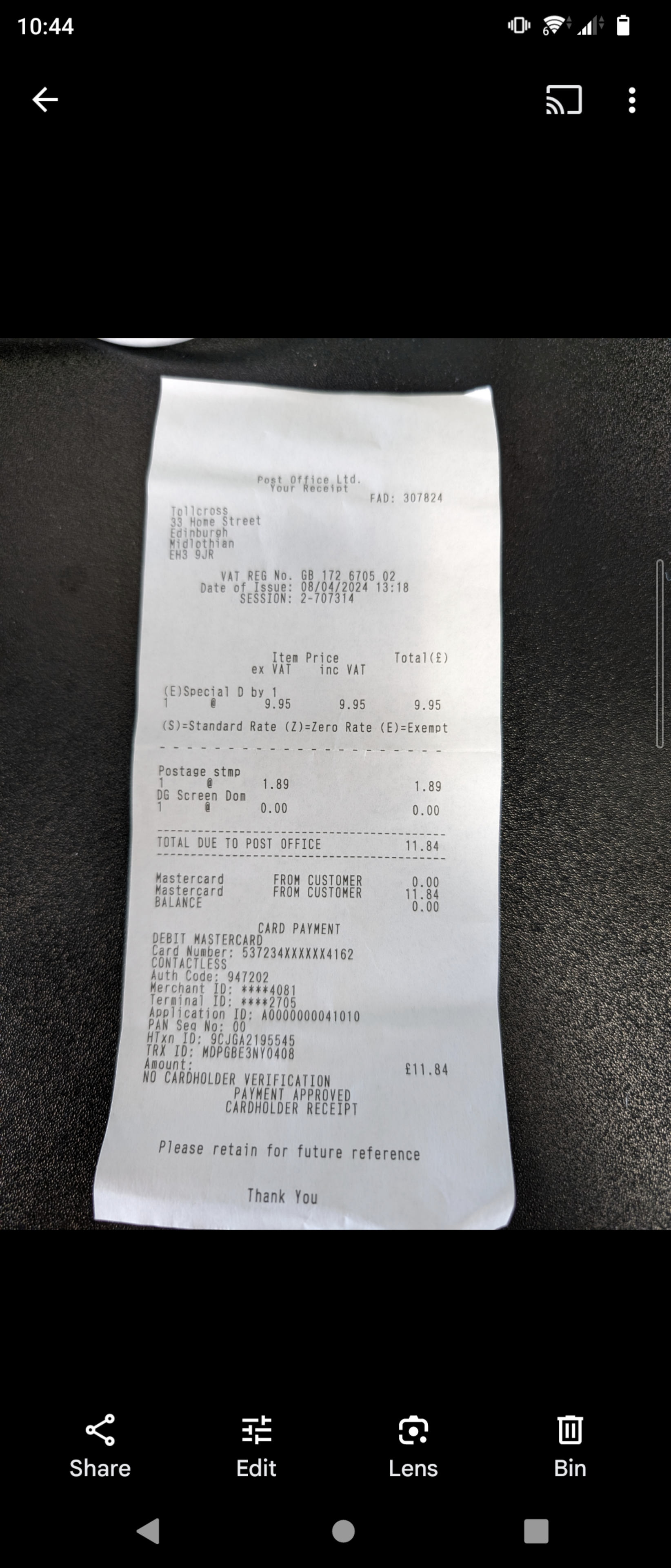 Example receipt to share.
