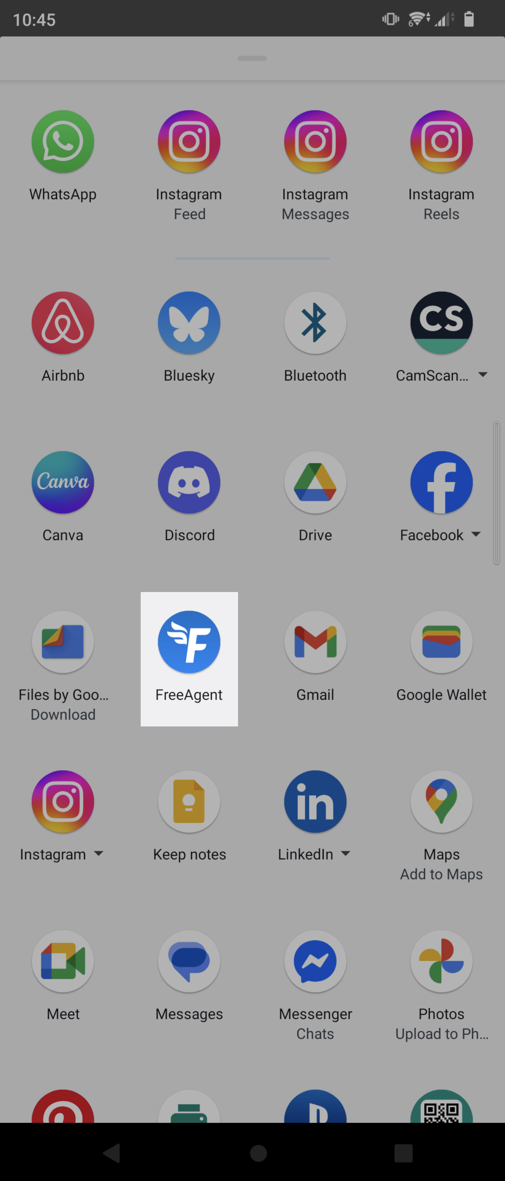 'FreeAgent' highlighted on list of applications to share to.