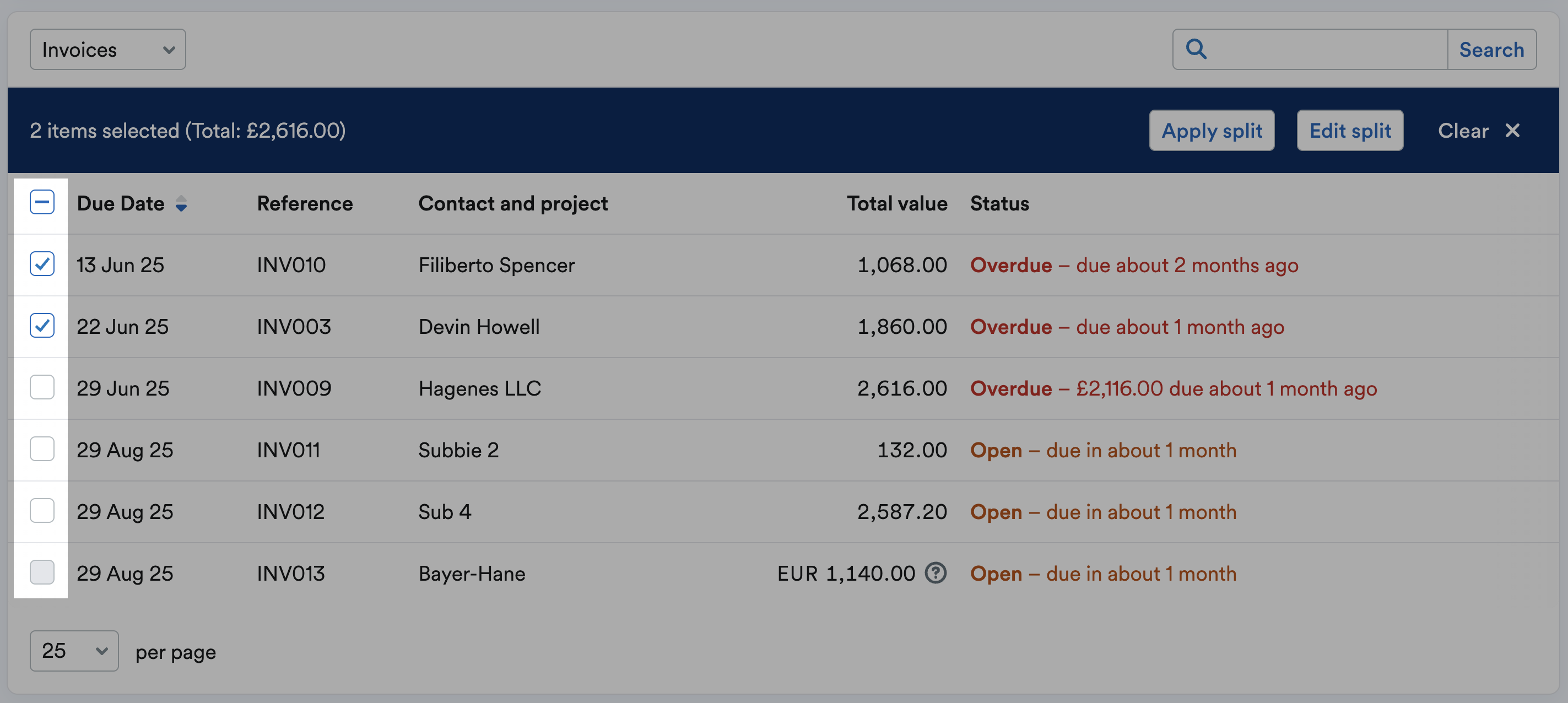 Multiple invoices selected on list.