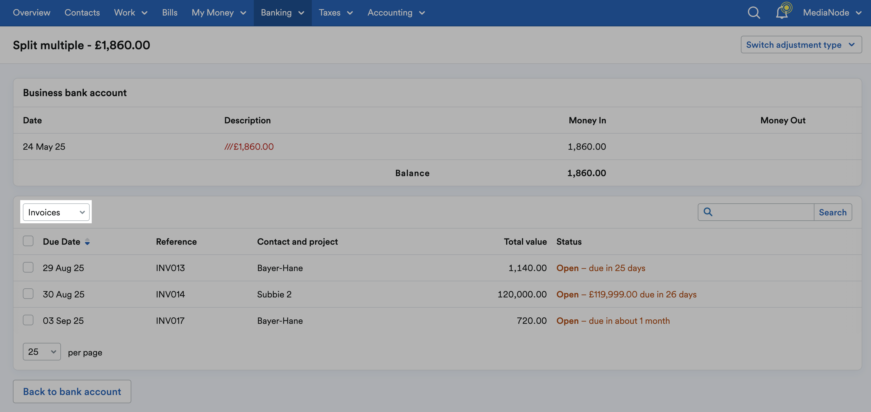 ‘Invoices’ selected as default Type.