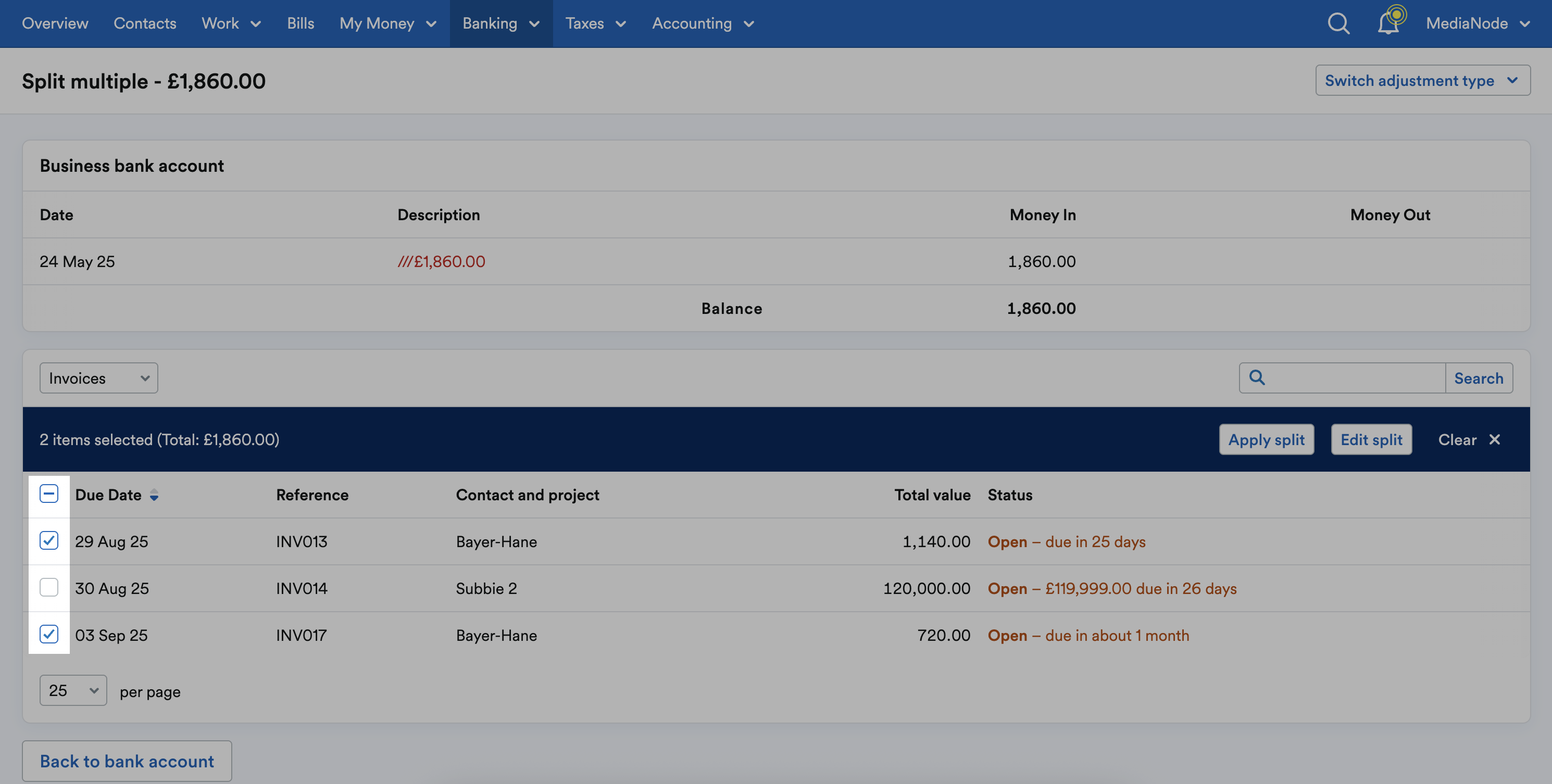 Multiple invoices selected on list.