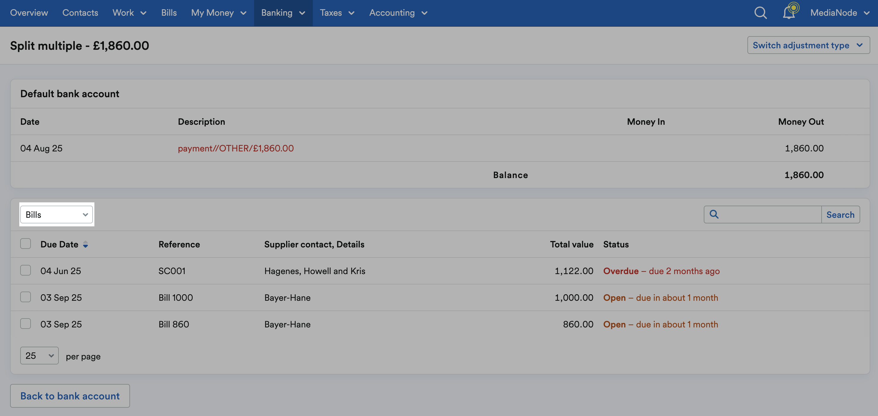 ‘Bills’ selected as default Type.