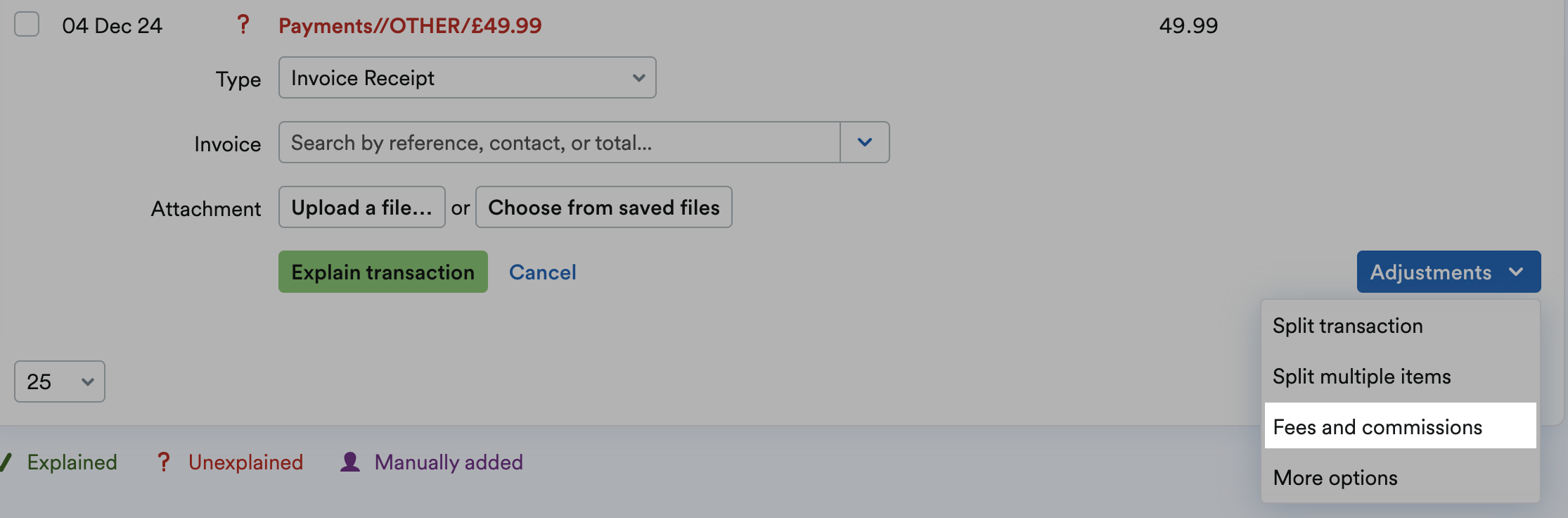 Fees and commissions highlighted from the adjustments drop-down menu