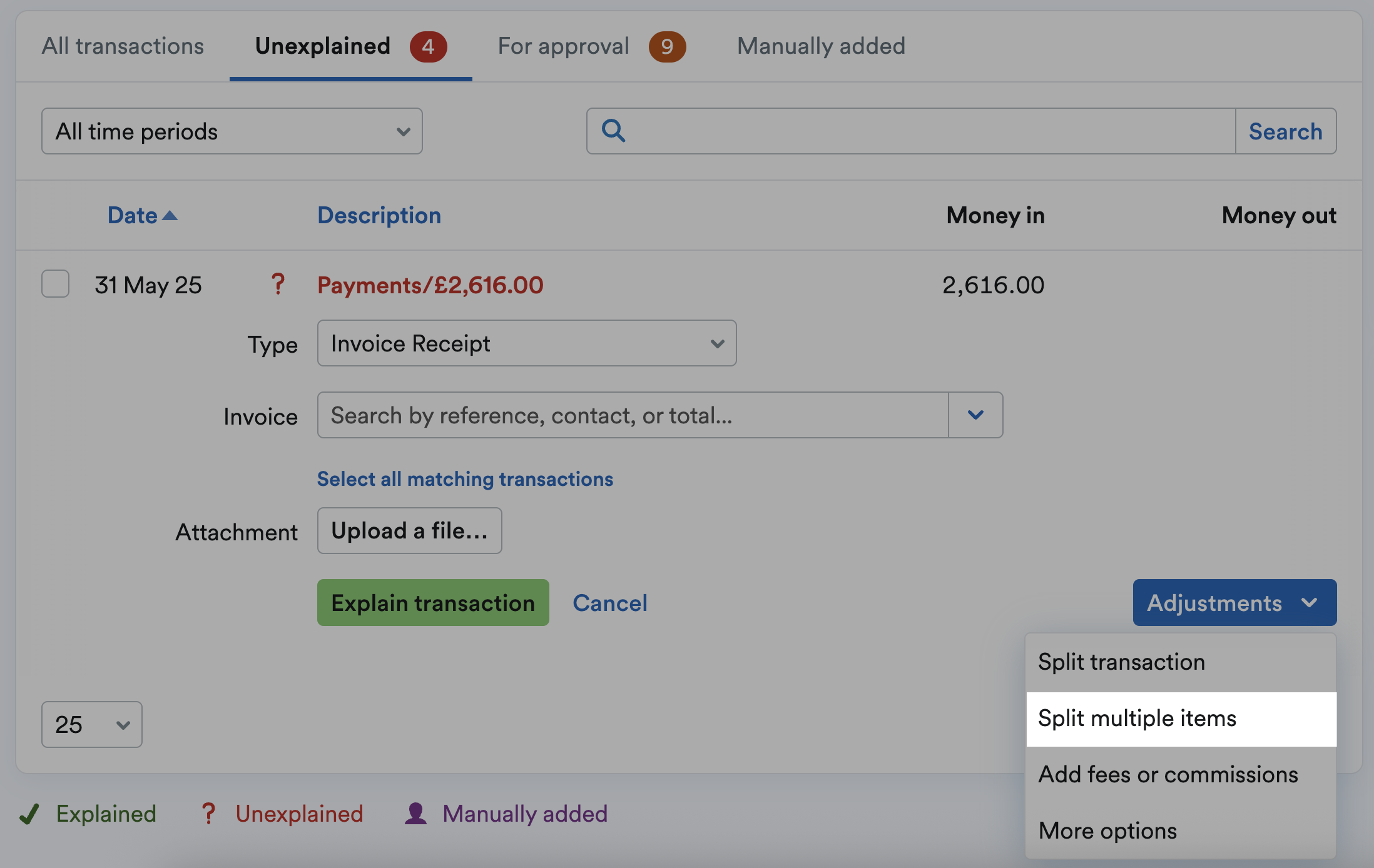 ‘Split multiple items’ highlighted on Adjustments drop down menu.