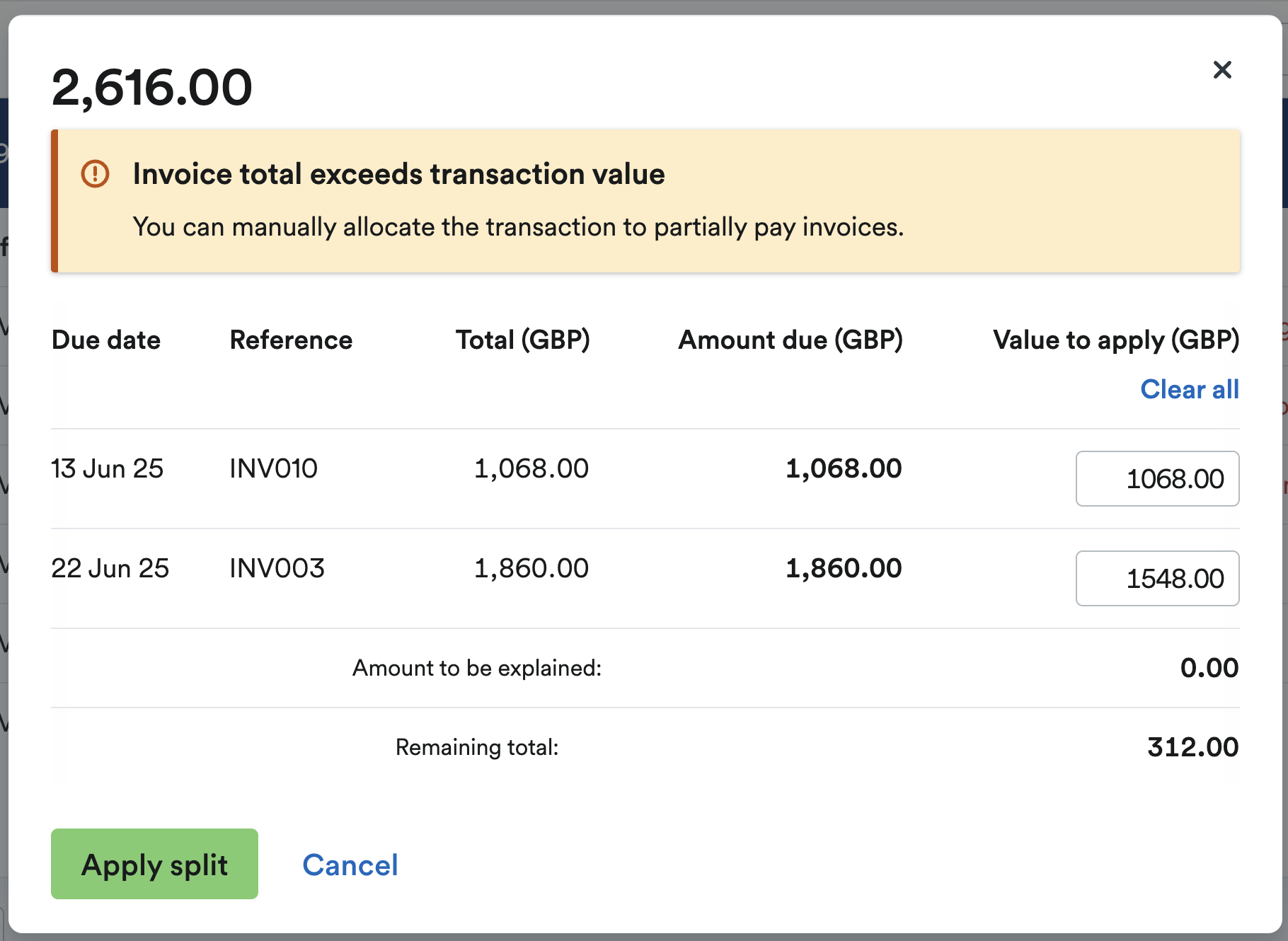 Window with message saying ‘Invoice total exceeds transaction value’.