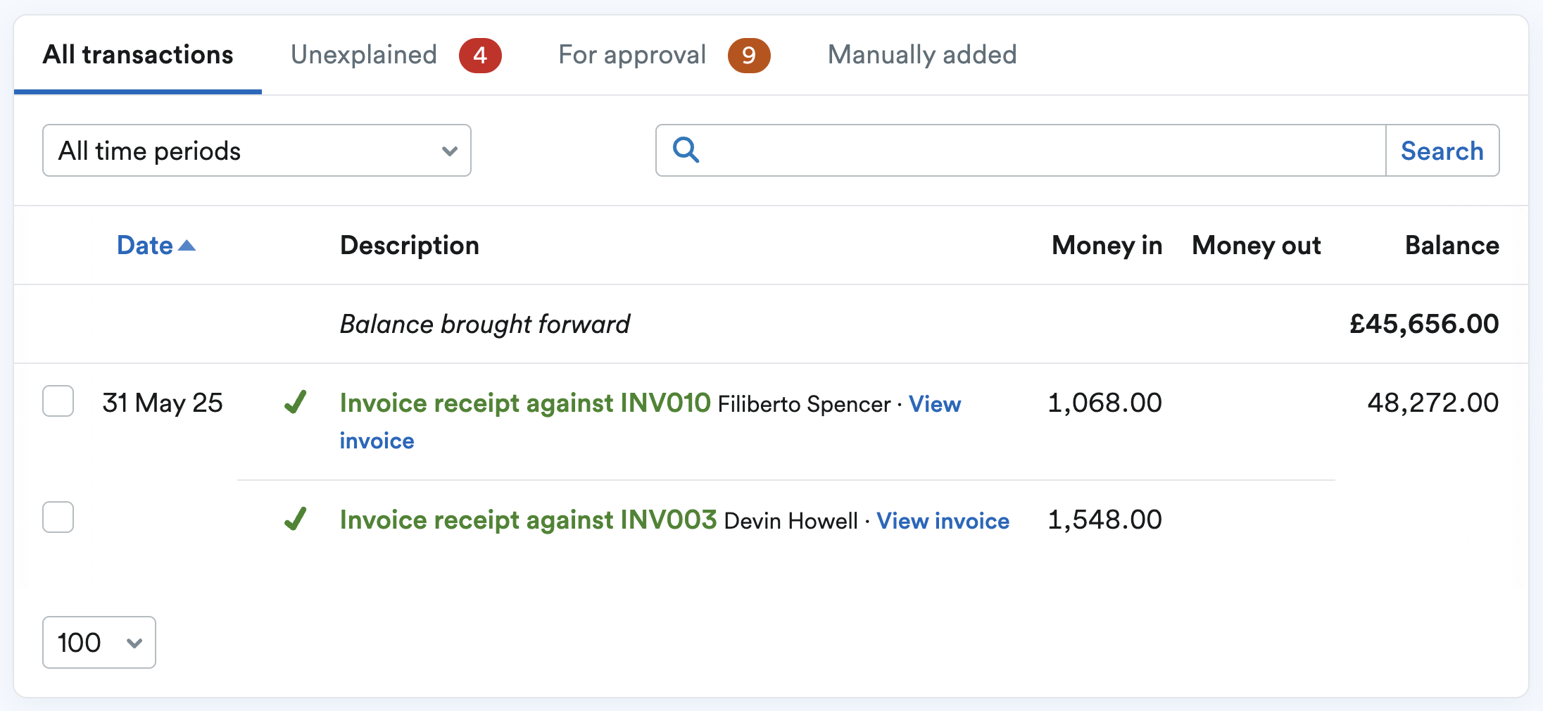 Transaction showing as explained over two invoices.