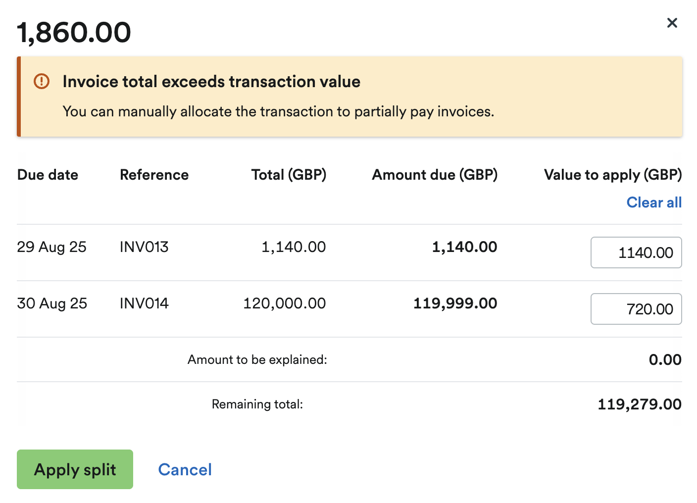 Window with message saying ‘Invoice total exceeds transaction value’.