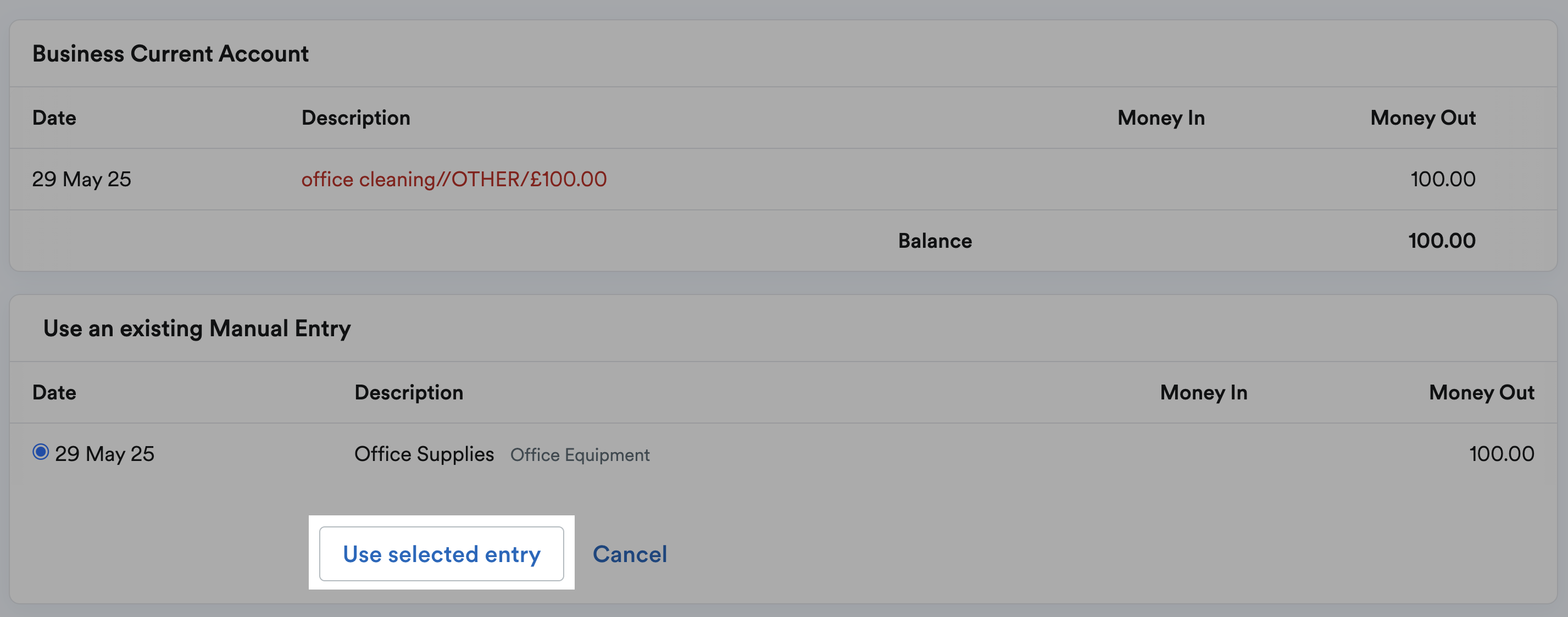 Use selected entry button highlighted