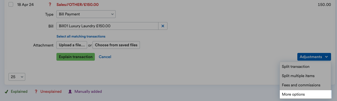 'More options' highlighted on Adjustments drop down menu.