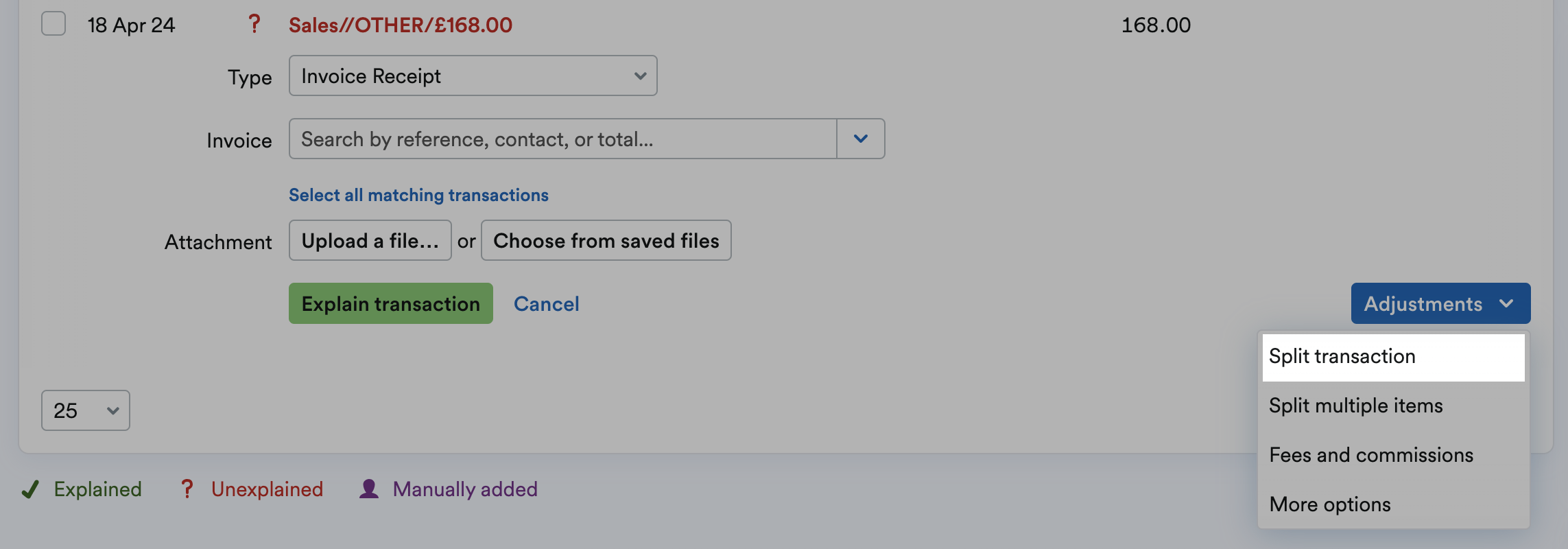 Split transaction highlighted from the Adjustments drop-down menu
