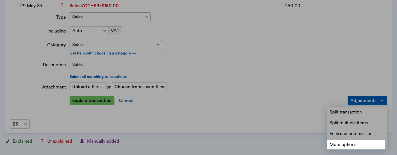'More options' highlighted on Adjustments drop-down menu.
