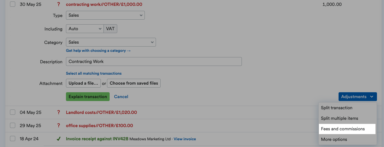 'Fees and commissions' highlighted on Adjustments drop down menu.