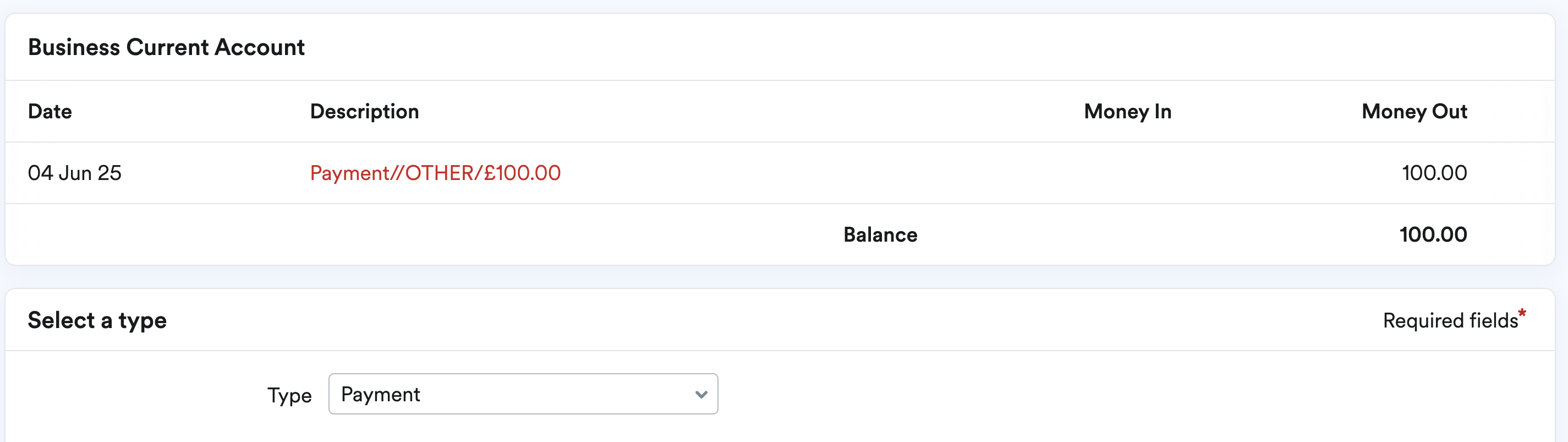 'Payment' selected as the Type.