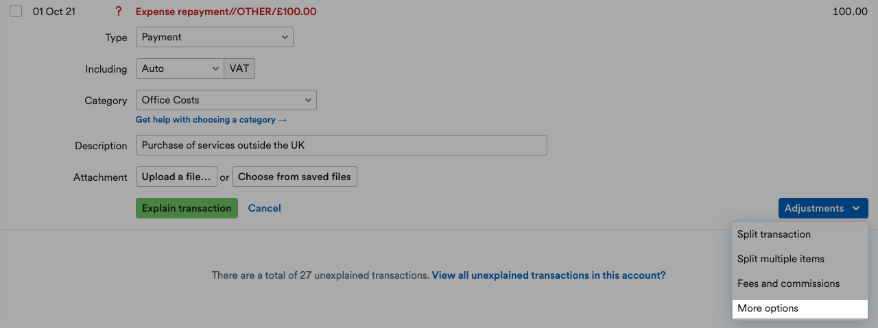 'More options' highlighted on Adjustments drop down menu.