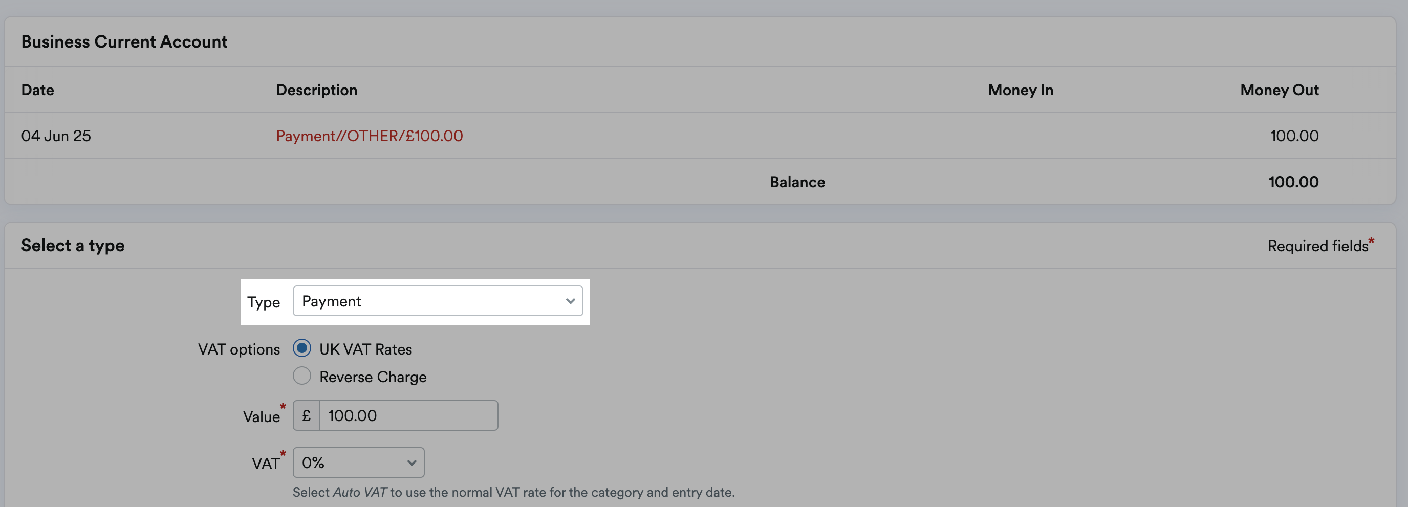 'Payment' selected as the transaction Type.