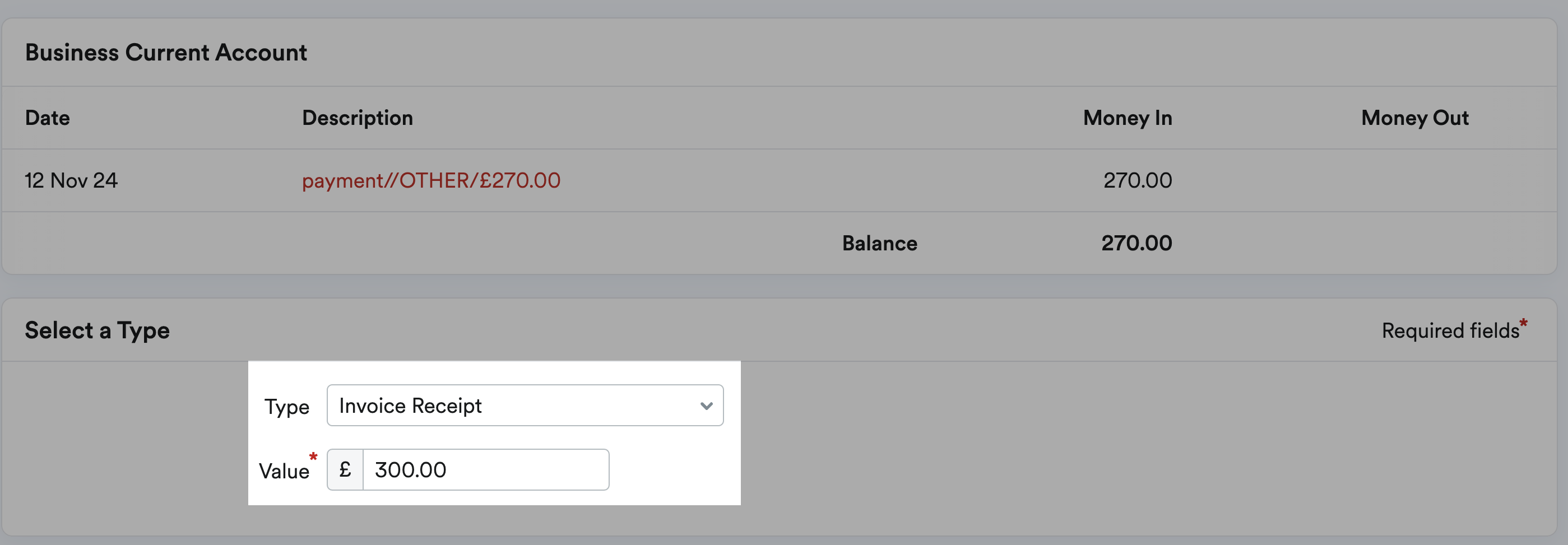 Explain a transaction screen with type and value boxes highlighted