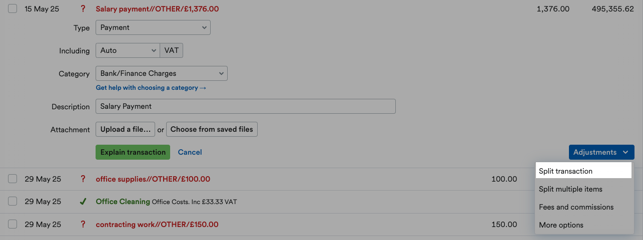 Split transaction highlighted from the Adjustments drop-down menu