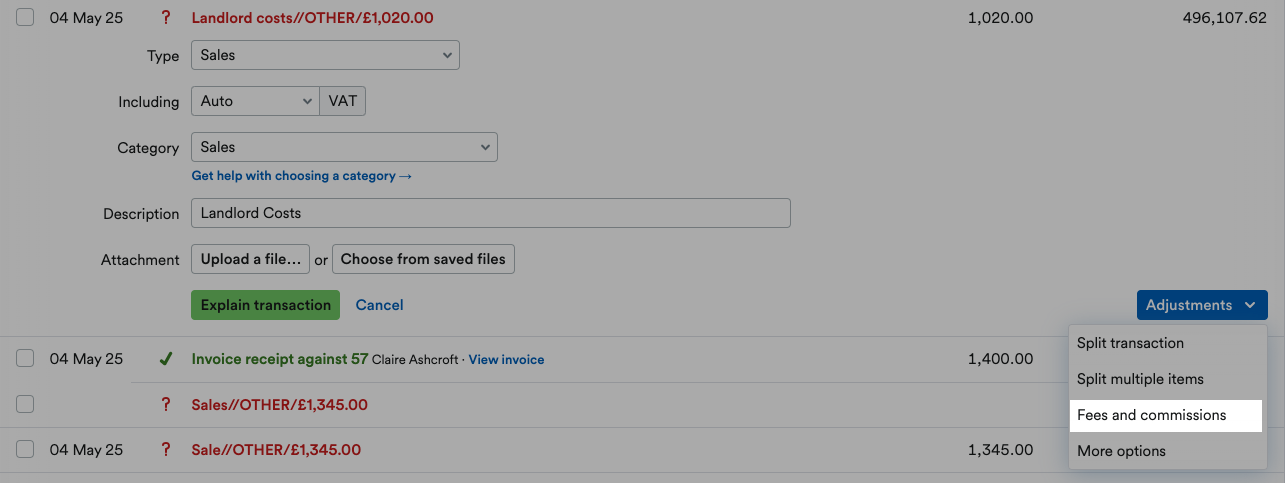 Fees and commissions highlighted from the Adjustments drop-down menu