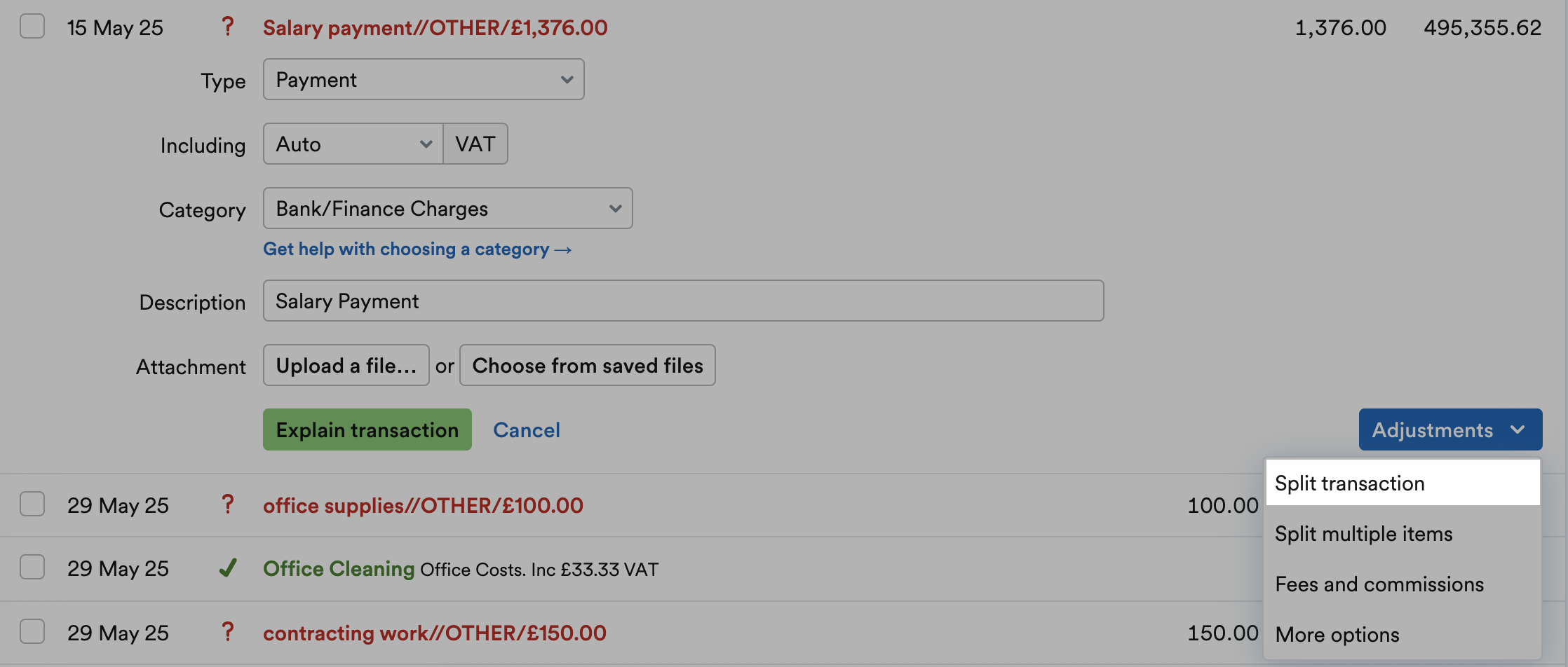 Split transaction highlighted from Adjustments drop-down menu
