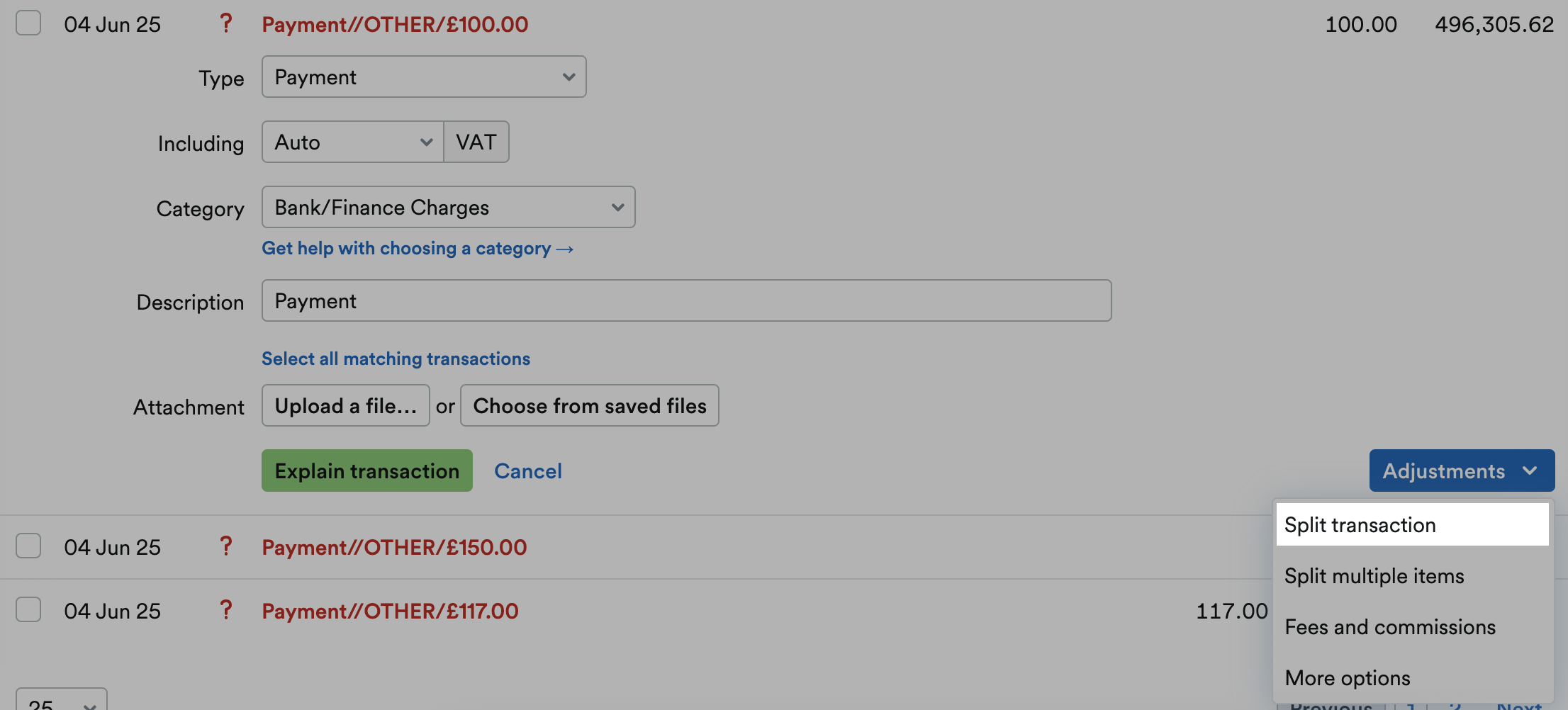 Split transaction highlighted from the Adjustments drop-down menu