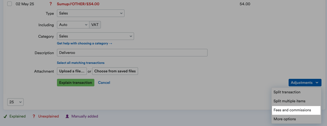 Fees and commissions highlighted from the Adjustments drop-down menu on a bank transaction