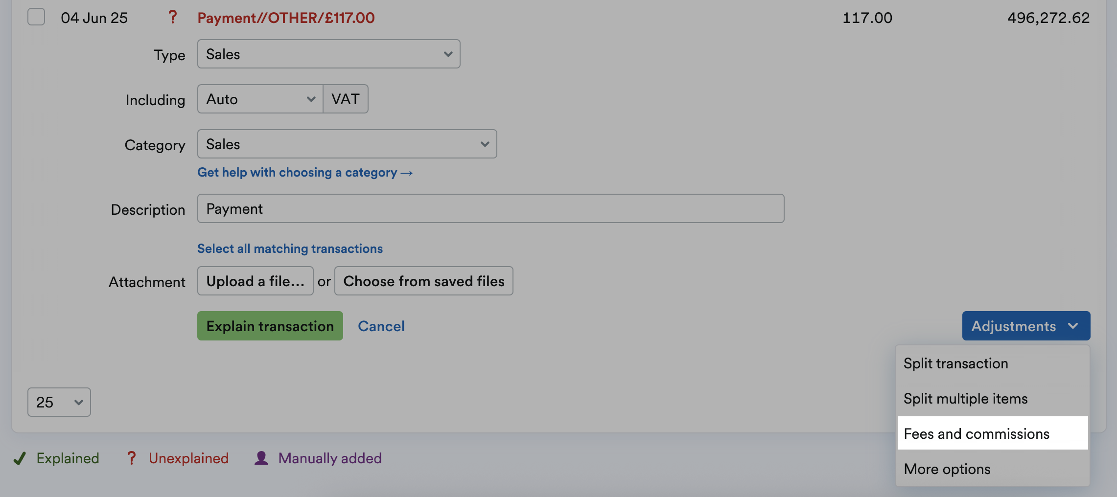 Adjustments drop-down menu with fees and commissions highlighted