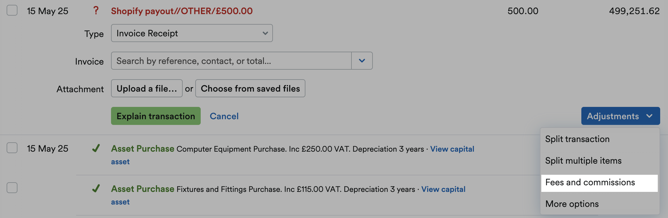 Fees and commissions highlighted from the Adjustments drop-down menu
