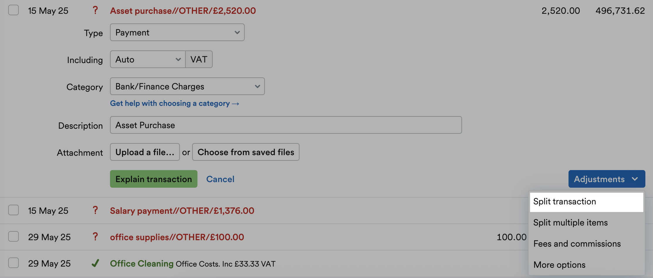 Split transaction highlighted from the Adjustments drop-down menu