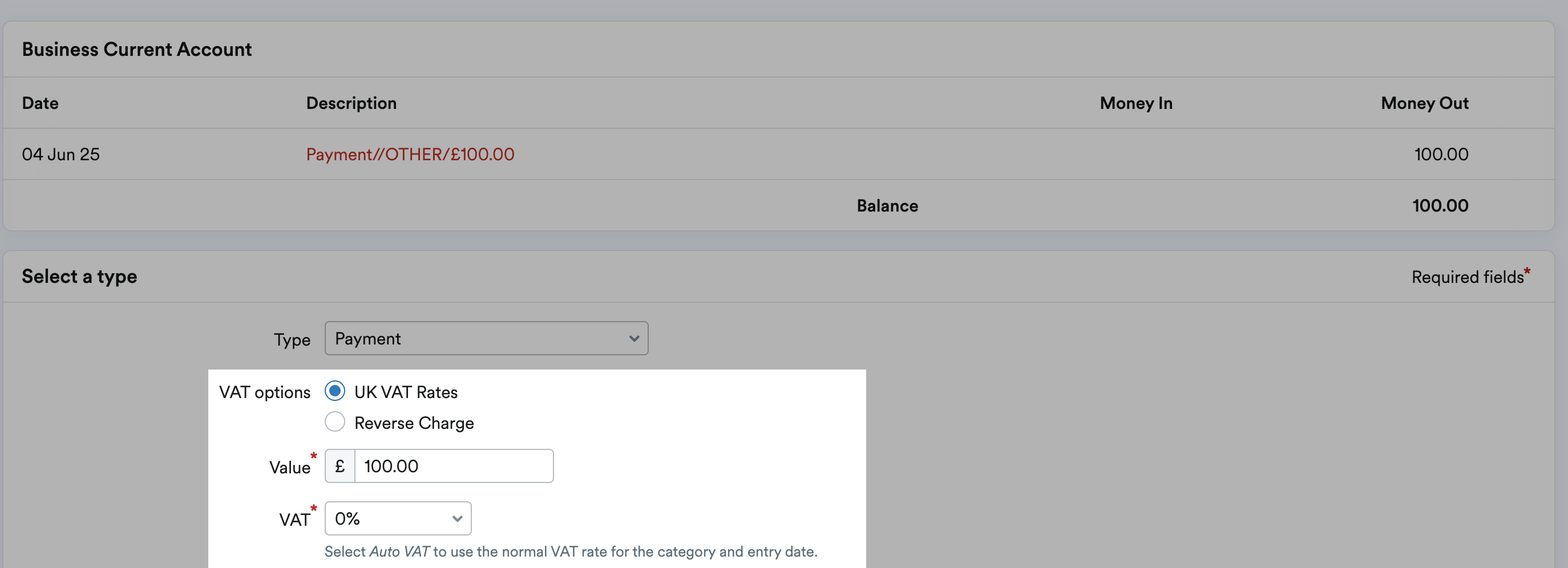 UK VAT Rates selected from the VAT options