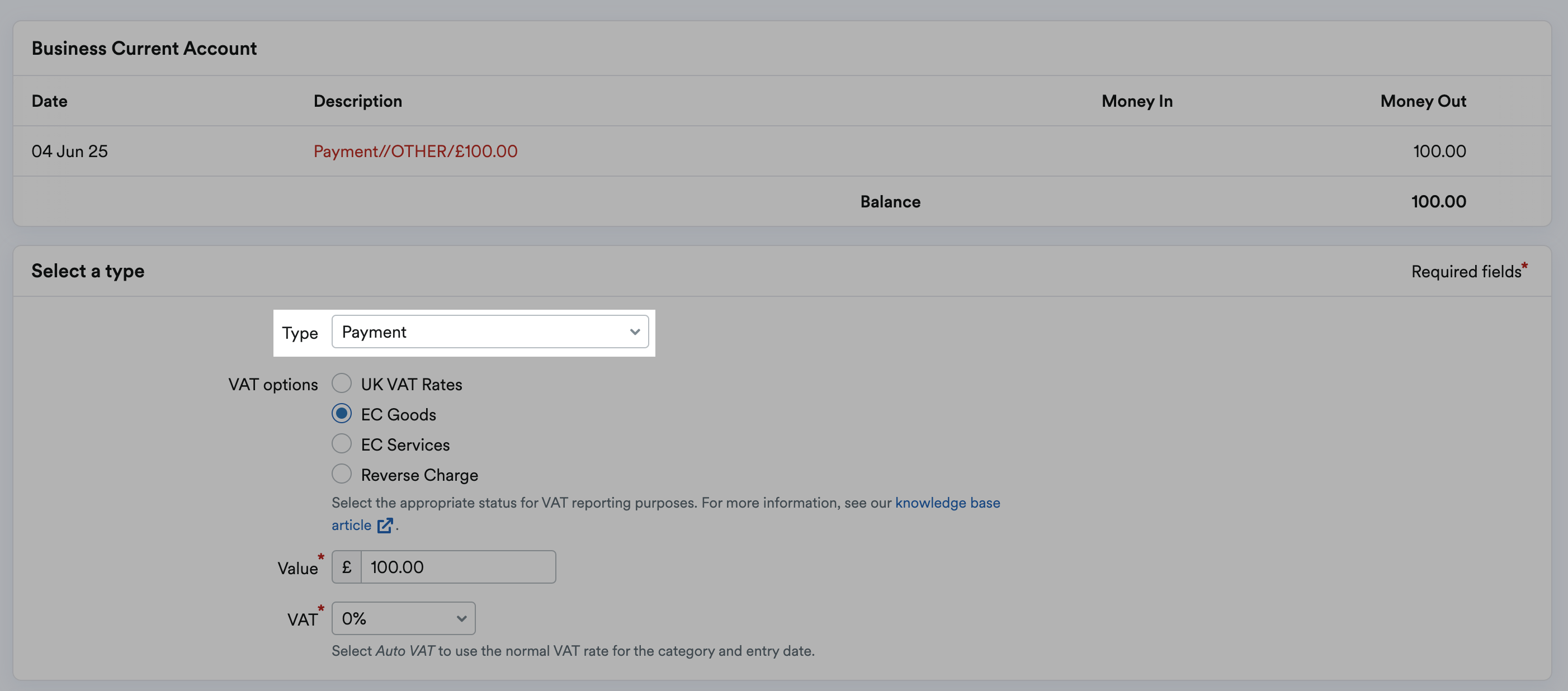 Payment selected as the transaction Type