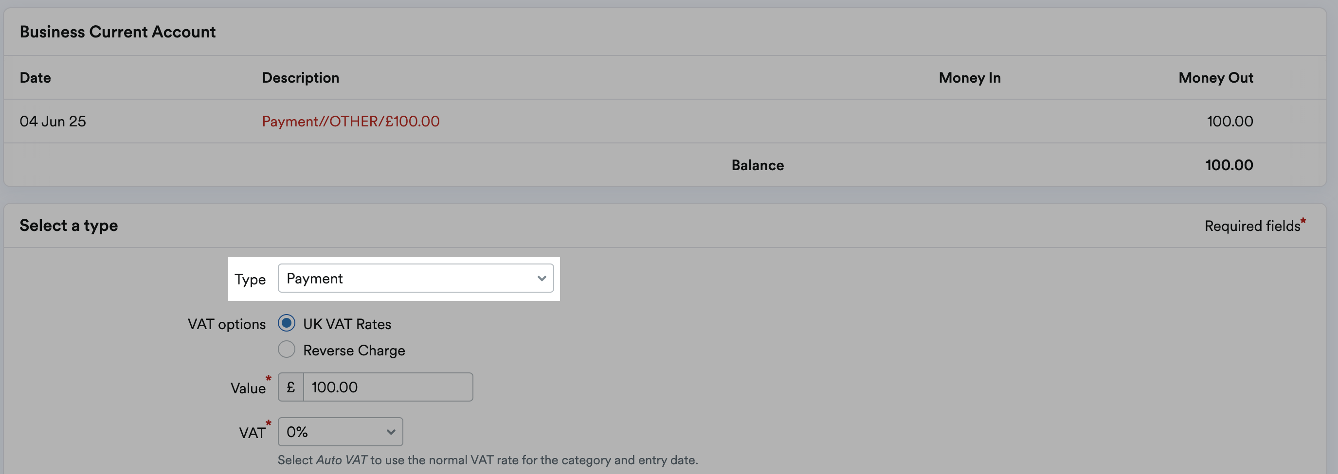 Payment selected as the transaction Type