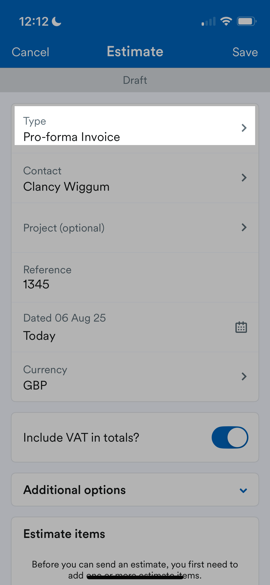 'Pro forma Invoice' selected from Type menu.