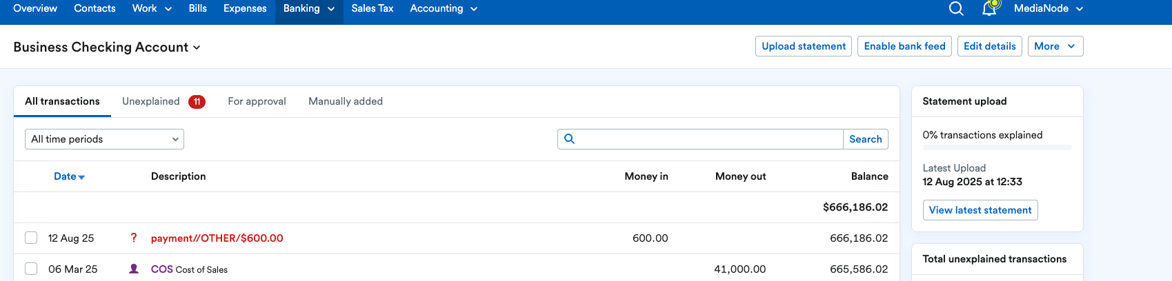 Bank account page.