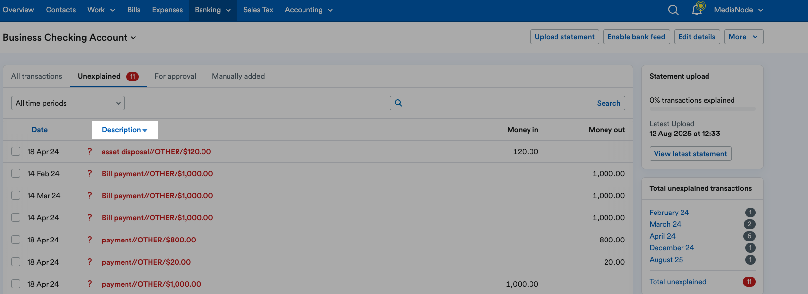 'Description' header highlighted under Unexplained tab.