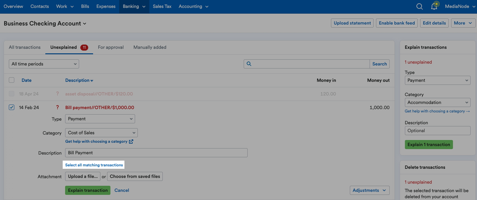 'Select all matching transactions' highlighted under unexplained transaction.