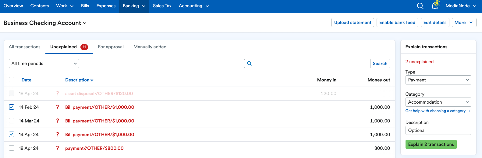 Multiple transactions selected for explanation with Description field blank.
