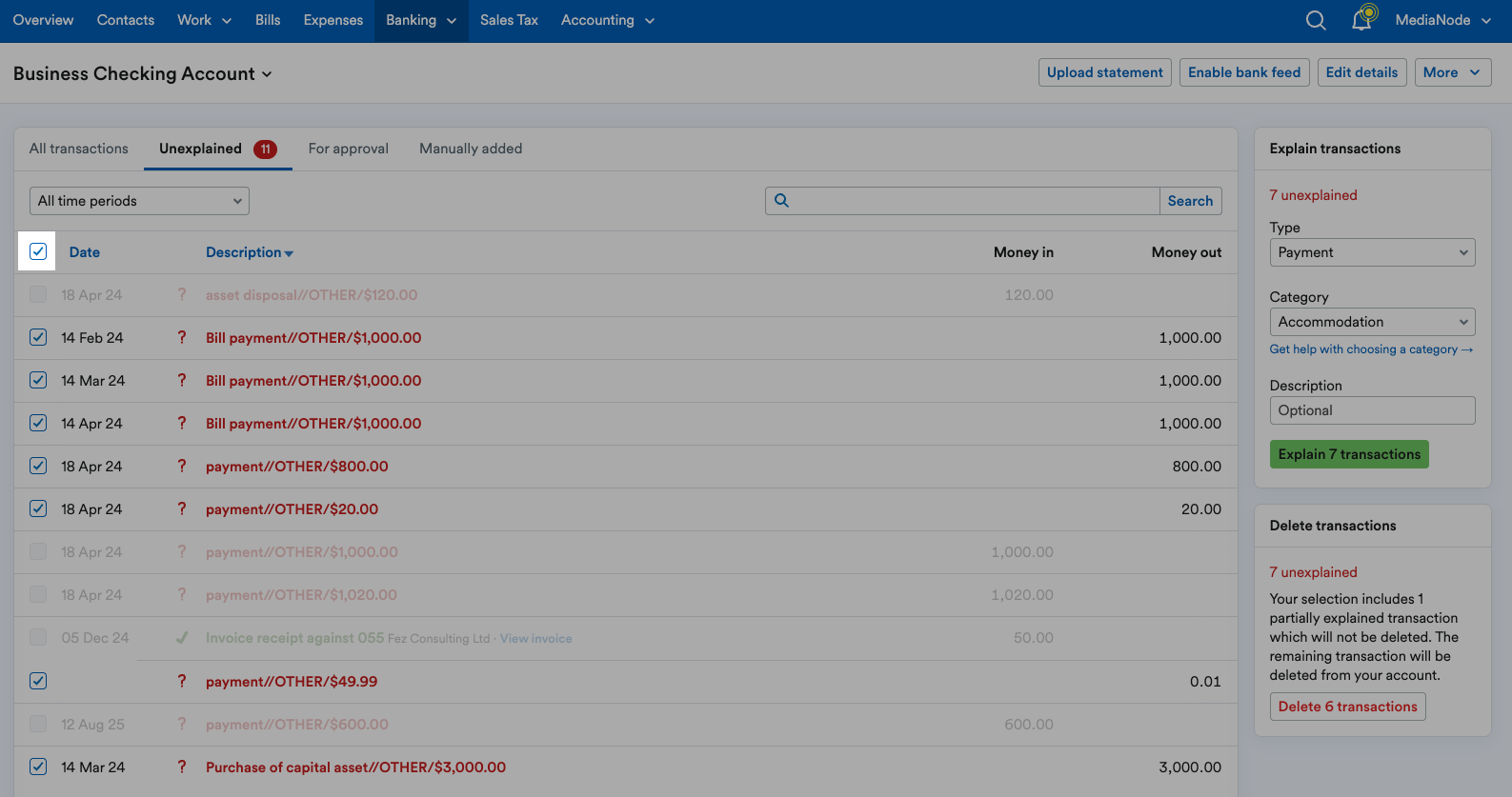 Checkbox next to 'Date' ticked to select all of one transaction type on page.