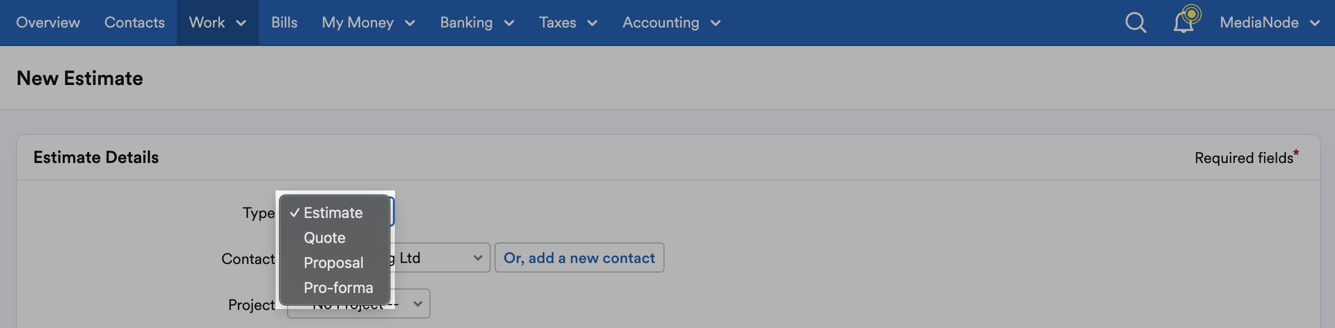 Estimate, Quote, Proposal and Pro-forma listed as options of Type drop down menu.