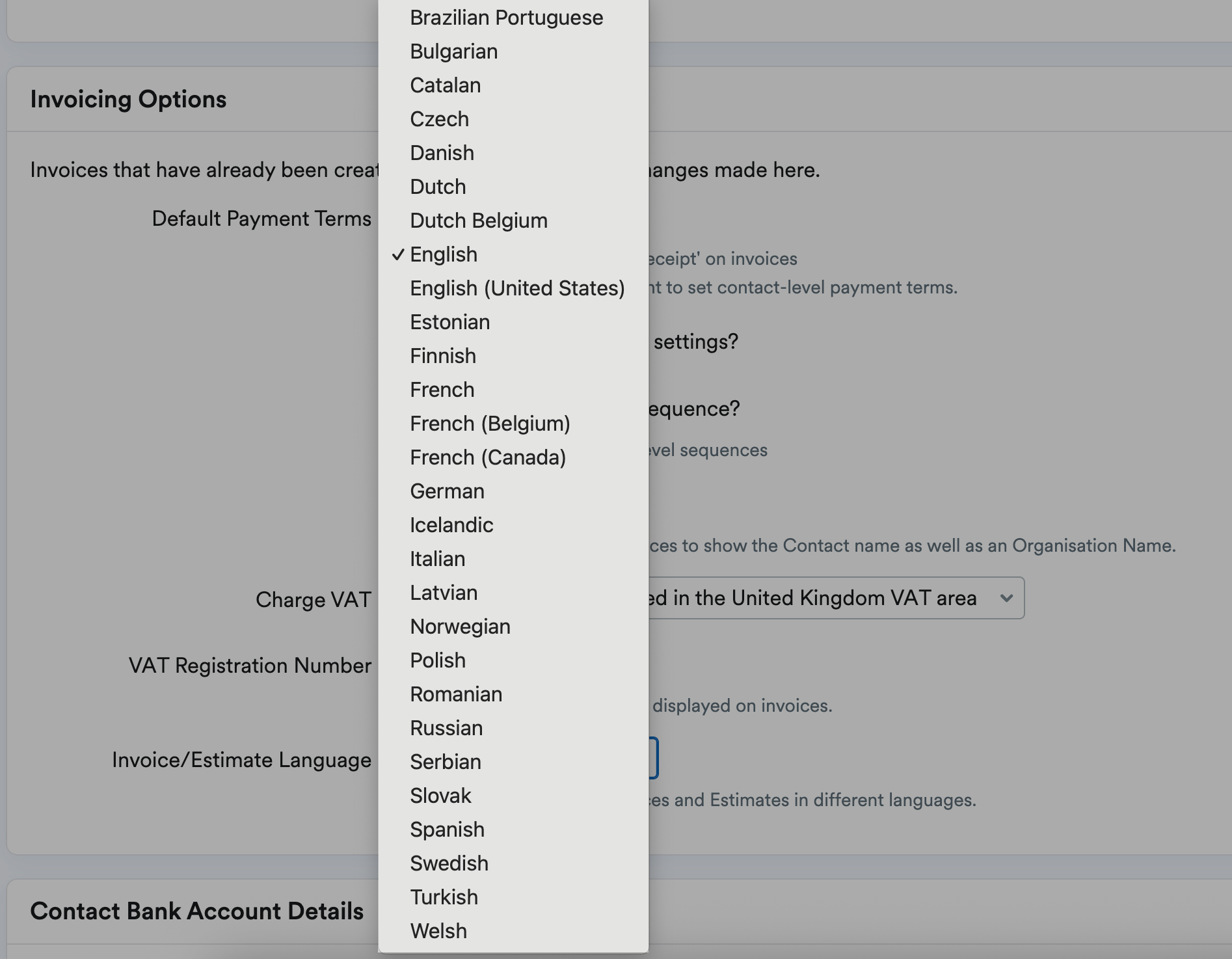 Languages listed in drop down menu.